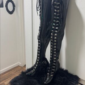 PLEASER Glossy Black Lace-Up Over-the-Knee Boots